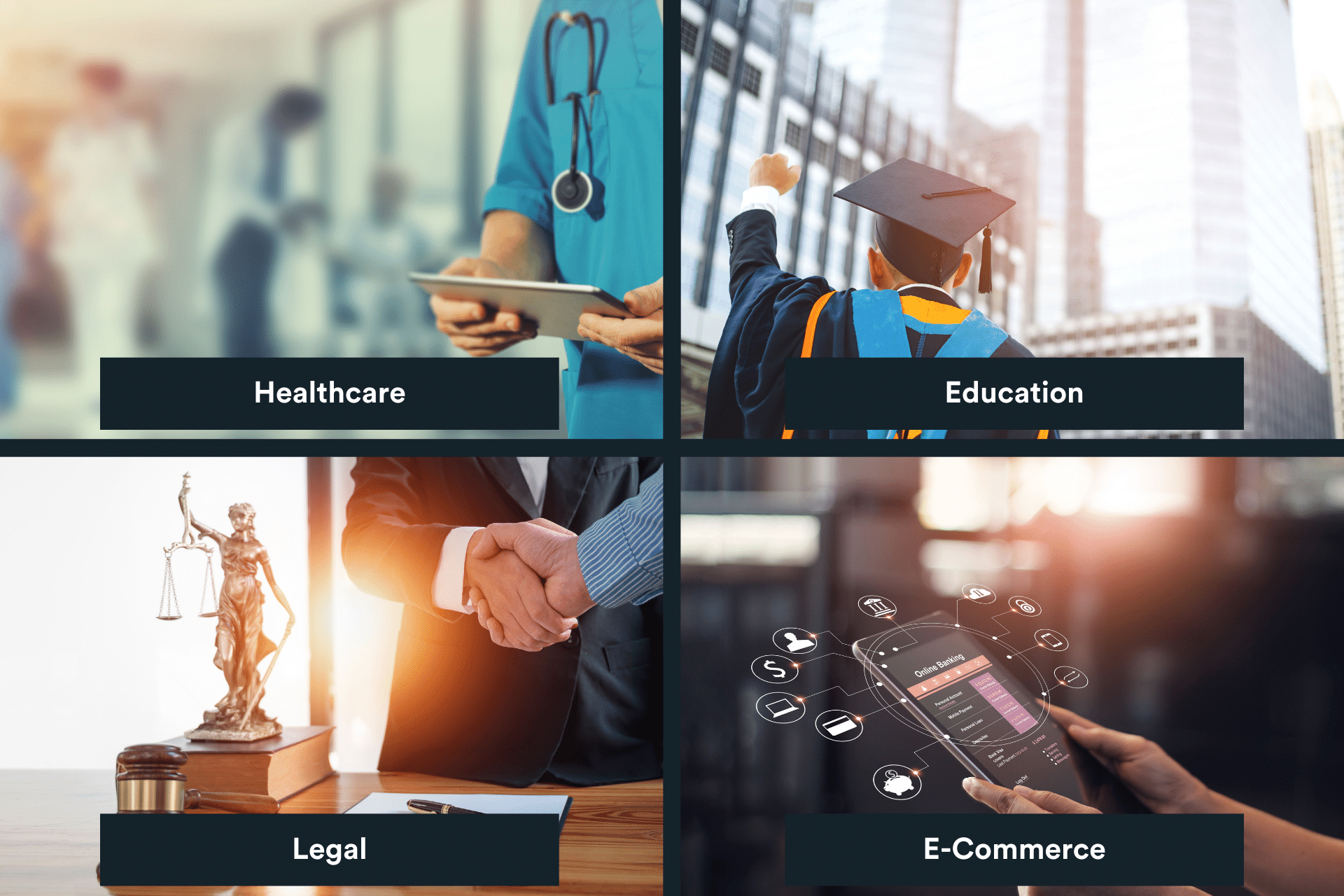 Our digital marketing agency industries - collection of 4 images showing healthcare, education, legal and e-commerce.